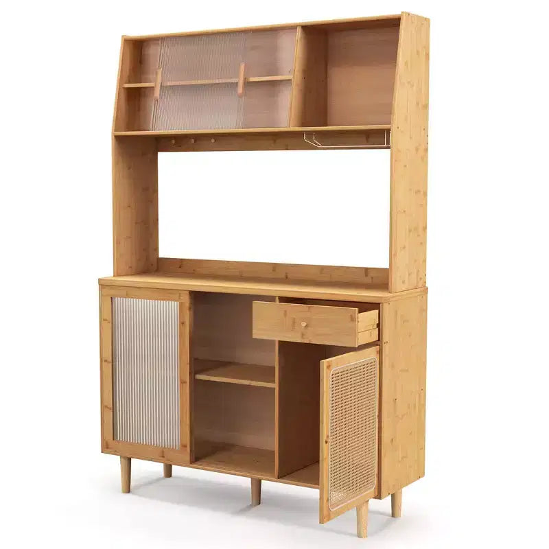 Bamboo Buffet Cabinet Wine Bar Pantry Cupboard Sideboard with Rattan Sliding Door