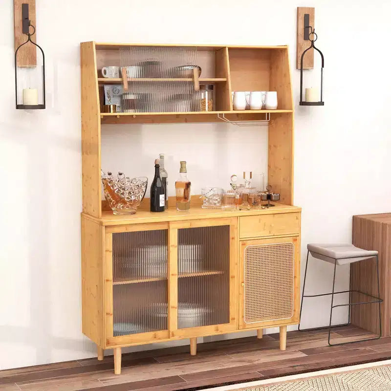 Bamboo Buffet Cabinet Wine Bar Pantry Cupboard Sideboard with Rattan Sliding Door