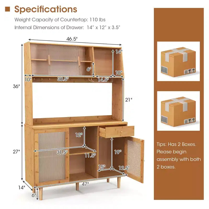 Bamboo Buffet Cabinet Wine Bar Pantry Cupboard Sideboard with Rattan Sliding Door