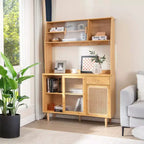 Bamboo Buffet Cabinet Wine Bar Pantry Cupboard Sideboard with Rattan Sliding Door