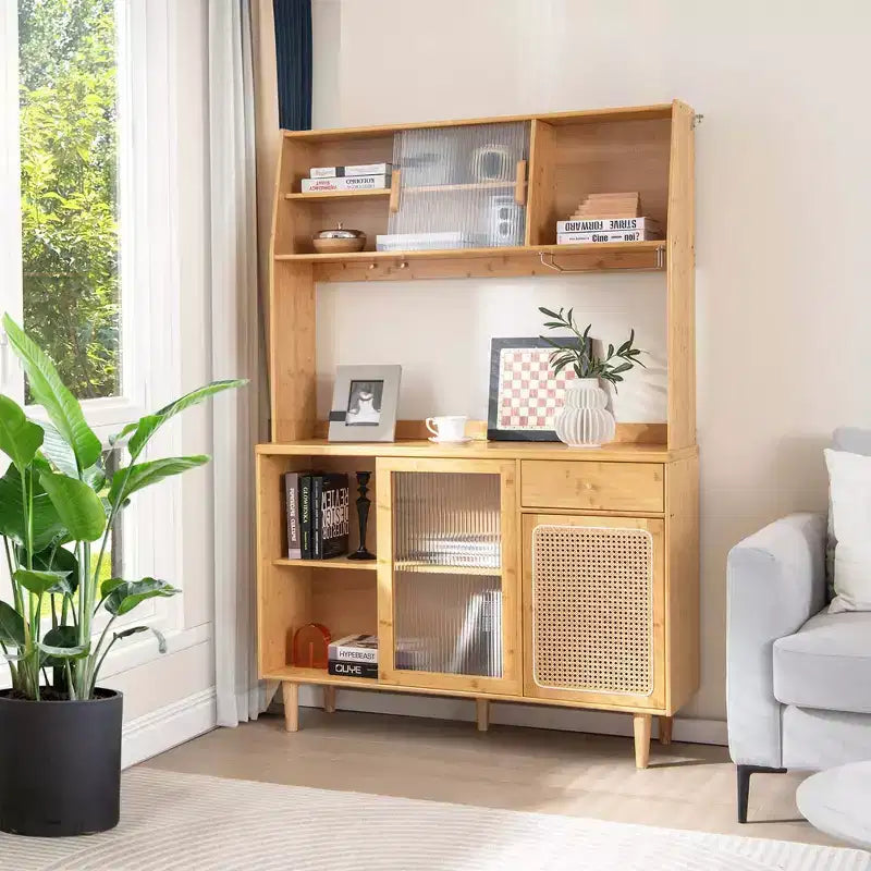 Bamboo Buffet Cabinet Wine Bar Pantry Cupboard Sideboard with Rattan Sliding Door