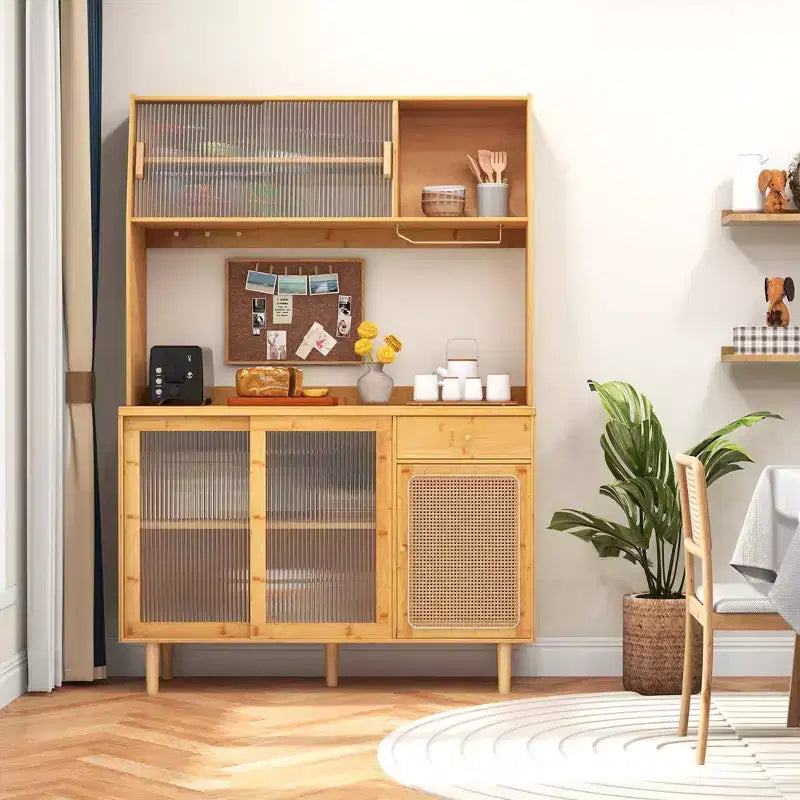 Bamboo Buffet Cabinet Wine Bar Pantry Cupboard Sideboard with Rattan Sliding Door