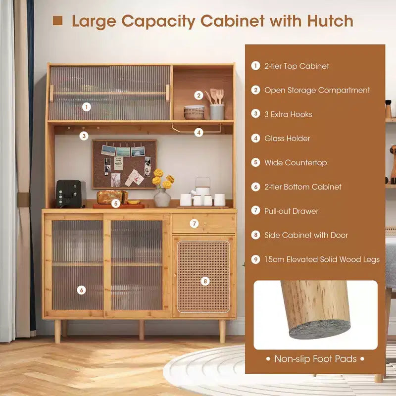 Bamboo Buffet Cabinet Wine Bar Pantry Cupboard Sideboard with Rattan Sliding Door