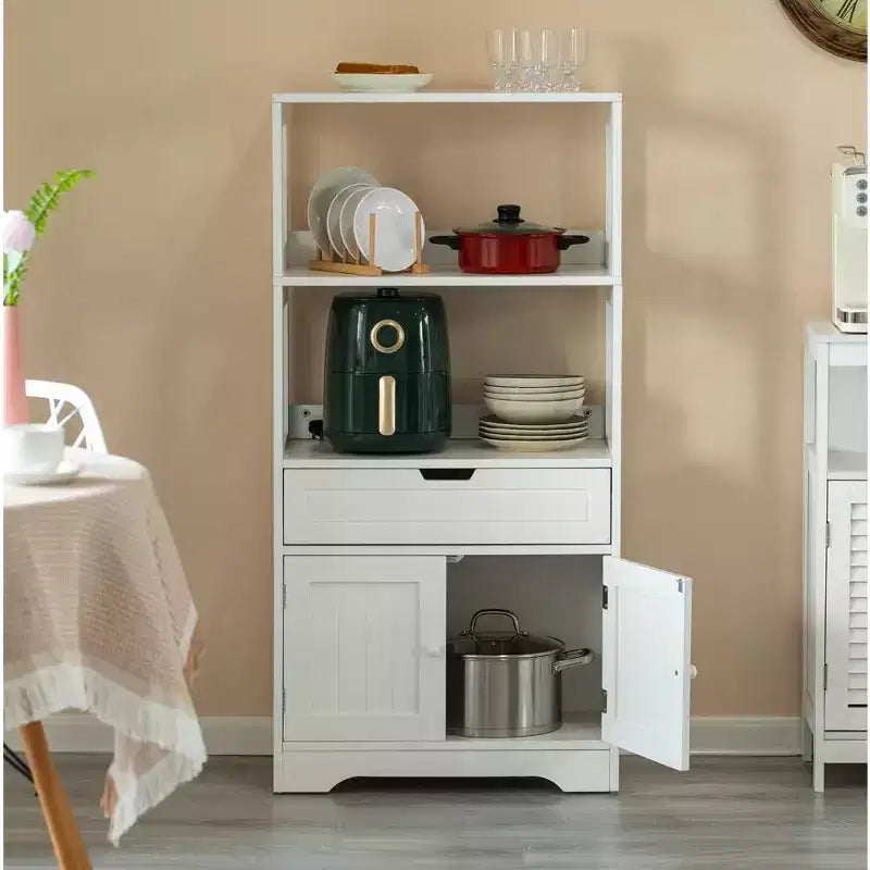 Tall Freestanding Wooden Storage Vanity, Kitchen Pantry, and Bathroom Cabinet Organizer, with 2 Open shelves, A drawer and 2 Door Cabinet, White