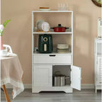 Tall Freestanding Wooden Storage Vanity, Kitchen Pantry, and Bathroom Cabinet Organizer, with 2 Open shelves, A drawer and 2 Door Cabinet, White