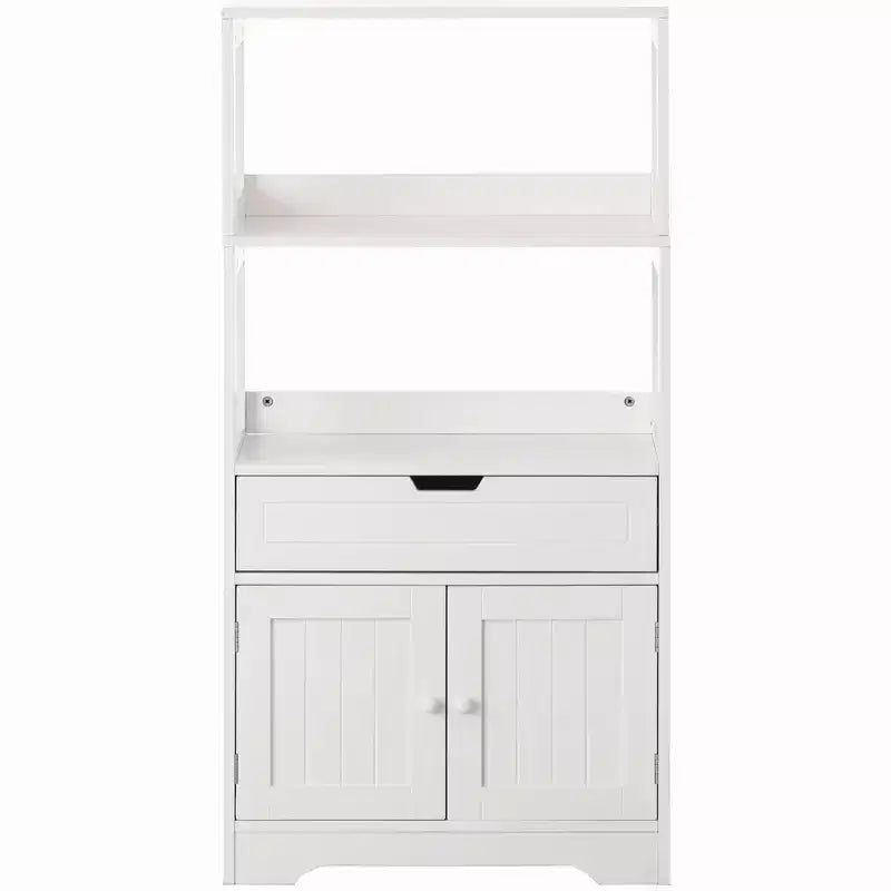Tall Freestanding Wooden Storage Vanity, Kitchen Pantry, and Bathroom Cabinet Organizer, with 2 Open shelves, A drawer and 2 Door Cabinet, White