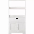 Tall Freestanding Wooden Storage Vanity, Kitchen Pantry, and Bathroom Cabinet Organizer, with 2 Open shelves, A drawer and 2 Door Cabinet, White