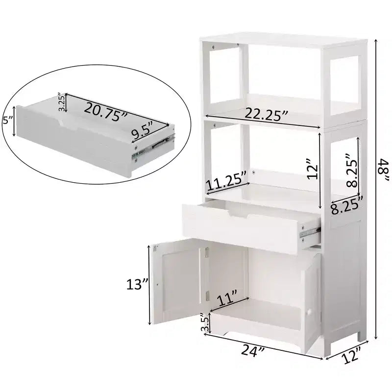 Tall Freestanding Wooden Storage Vanity, Kitchen Pantry, and Bathroom Cabinet Organizer, with 2 Open shelves, A drawer and 2 Door Cabinet, White