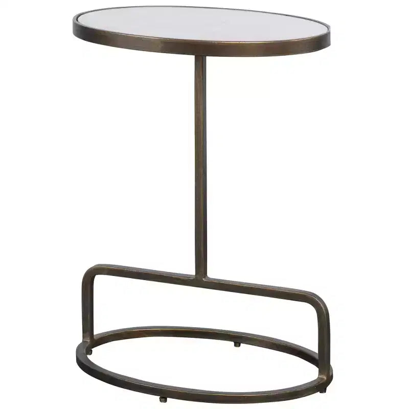 Glam Luxury Iron Oval Accent Table 18 x 12 Antique Gold Honed White Marble Tabletop for Living Room Bedroom Entryway