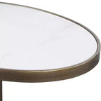 Glam Luxury Iron Oval Accent Table 18 x 12 Antique Gold Honed White Marble Tabletop for Living Room Bedroom Entryway