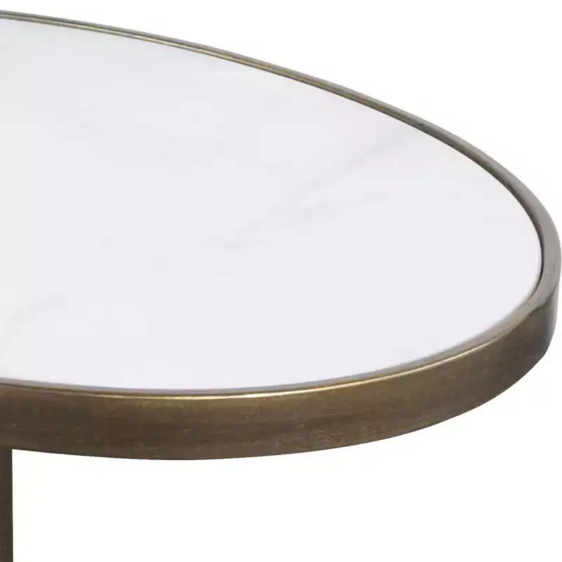 Glam Luxury Iron Oval Accent Table 18 x 12 Antique Gold Honed White Marble Tabletop for Living Room Bedroom Entryway