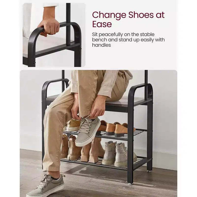 Coat Rack, Hall Tree with Shoe Bench Greige and Black