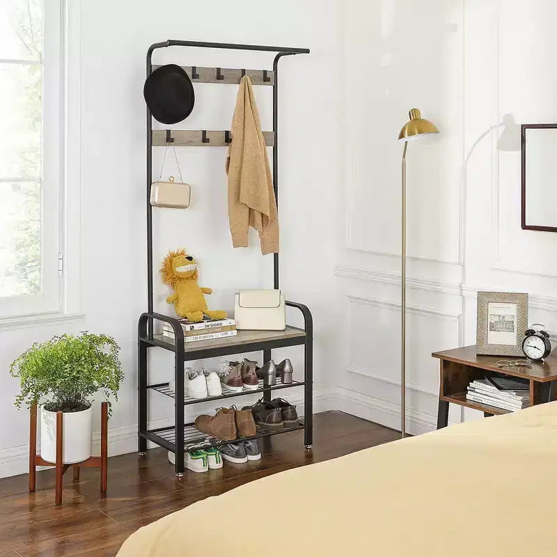 Coat Rack, Hall Tree with Shoe Bench Greige and Black