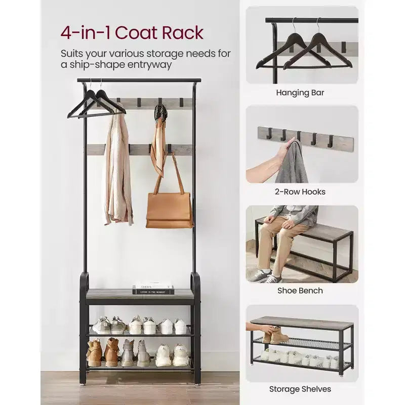 Coat Rack, Hall Tree with Shoe Bench Greige and Black