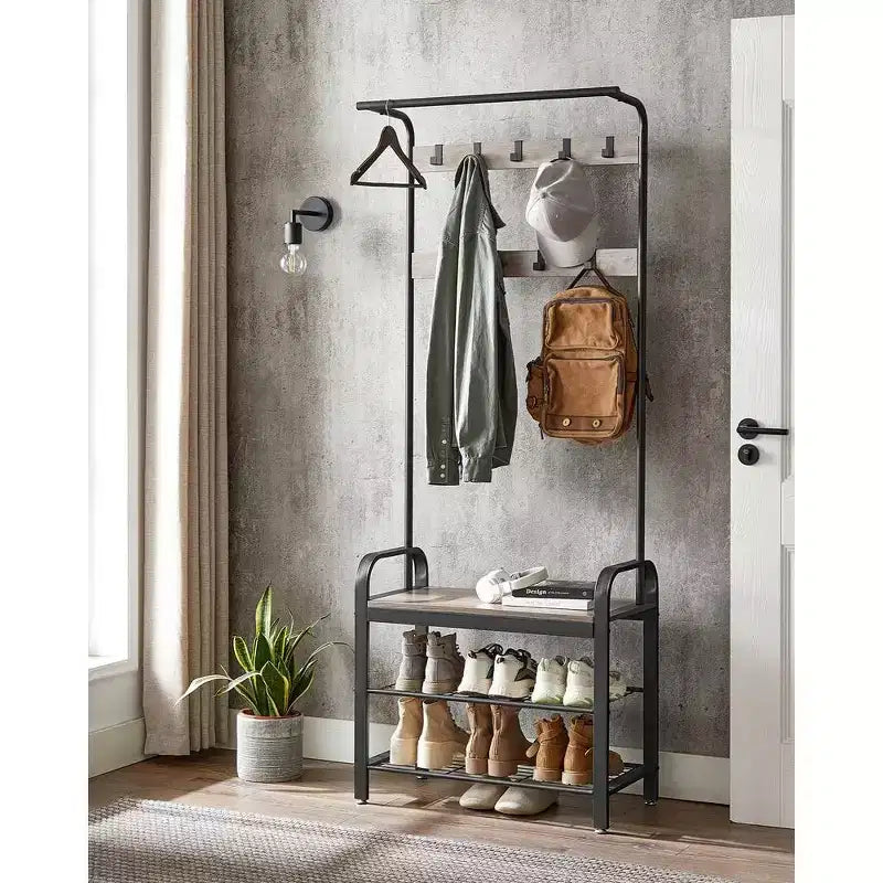 Coat Rack, Hall Tree with Shoe Bench Greige and Black