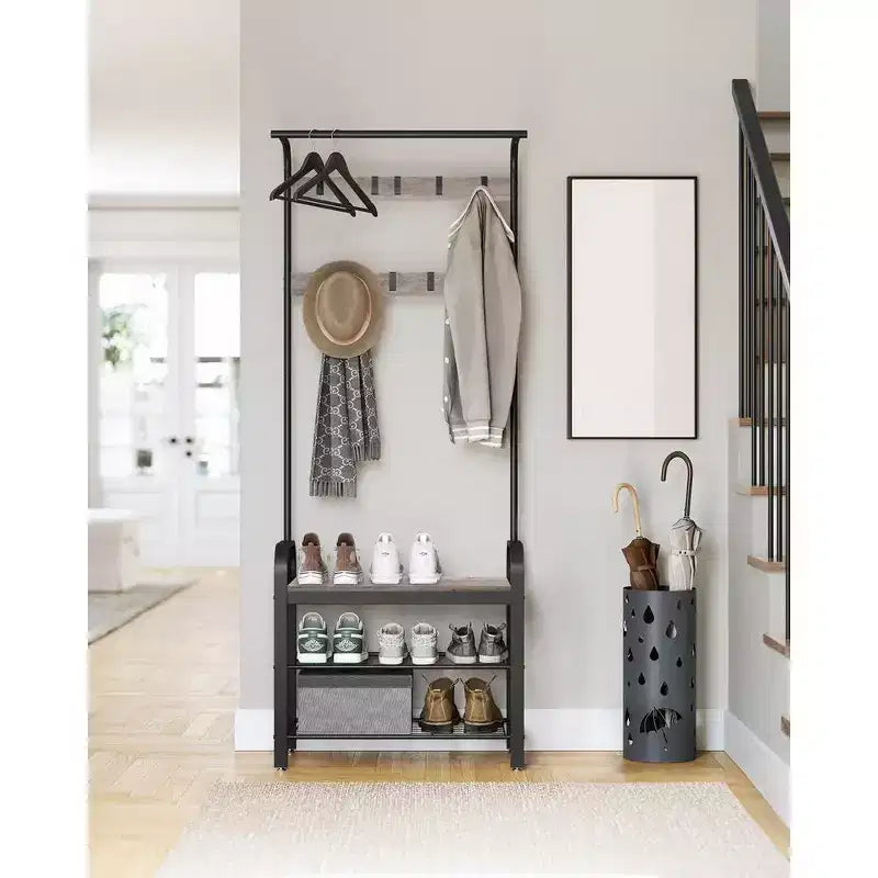Coat Rack, Hall Tree with Shoe Bench Greige and Black